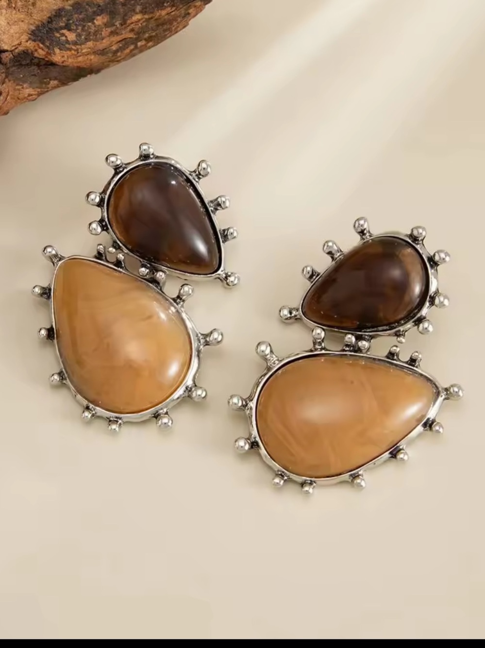 Black and Beige Double Teardrop Earrings - Picture 3 of 7